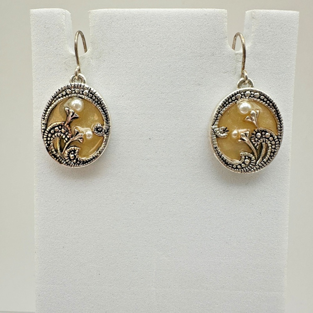 VTG Silver Tone Boho Dangle Earrings Faux Pearl Floral Hook Women's Jewellery